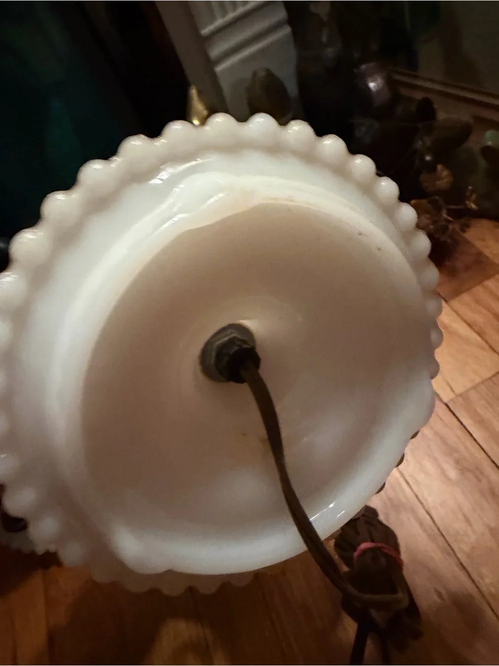 Vtg Pair Hobnail Milk Glass Raised Brass Floral Hurricane Electric Table Lamps